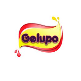 Logotipo colorido com a palavra "Gelupo" em fundo amarelo com bordas vermelhas.