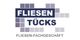 Logo von "Fliesen Tücks", Fliesen-Fachgeschäft, mit Fliesenkacheln im Hintergrund.