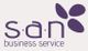 Logo: "san business service" in lila, mit drei Blattformen oben rechts.