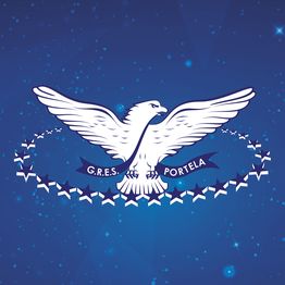 Águia branca em fundo azul estrelado com faixa "G.R.E.S. Portela" e coroada por estrelas.