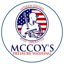 Logo of McCoy's Pressure Washing, with a soldier and American flag, veteran owned.