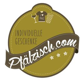 Braunes Logo mit "Individuelle Geschenke" und "Pfälzisch.com", T-Shirt, Weinglas und Wurst.