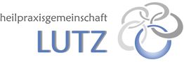 Logo der Heilpraxisgemeinschaft Lutz mit geschwungenem, graublauem Symbol rechts.