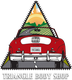 Red car on road with sunset and trees inside a triangle. Text: "Triangle Body Shop".