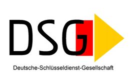 DSG-Logo mit gelbem Pfeil und rotem Element. Text: Deutsche-Schlüsseldienst-Gesellschaft.
