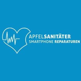Logo mit Herz und EKG-Linie: "ApfelSanitäter Smartphone Reparaturen" auf blauem Hintergrund.
