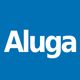 Texto "Aluga" en blanco sobre fondo azul.