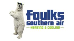 Polar bear with sunglasses next to "Foulks Southern Air Heating & Cooling" logo.