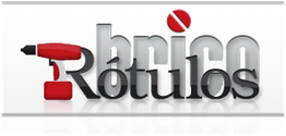 Logotipo con texto "Brico Rótulos" y un taladro rojo a la izquierda sobre fondo blanco.