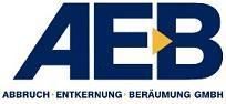 Logo der AEB GmbH in Blau mit gelbem Pfeil; Text: Abbruch, Entkernung, Beräumung.