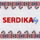 "Text 'SERDIKA bg' with traditional embroidery pattern border in red, green, and blue."