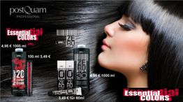 Frau mit glänzendem, schwarzem Haar, umgeben von Haarpflegeprodukten der Marke Essential Colors.