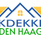 Logo van "Dakdekkerij Den Haag" met dak en raam in oranje, blauw en groen.