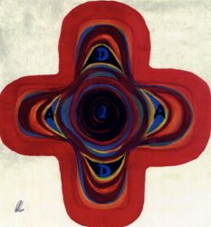 Abstrakte rote Kreuzform mit konzentrischen Farben und Buchstaben im Zentrum.