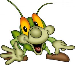 Ein grüner Cartoon-Grashüpfer mit großen, orangefarbenen Augen lächelt freundlich.