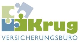 Puzzle-Stücke und Text: "Krug Versicherungsbüro" in Blau und Grün.
