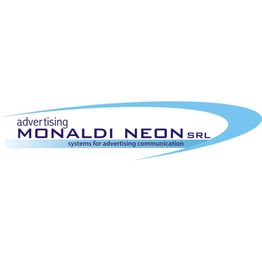 Logo dell'azienda Monaldi Neon SRL su fondo bianco con scritte blu e dettaglio grafico azzurro.