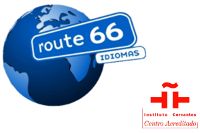 Logos de Route 66 Idiomas sobre un globo y del Instituto Cervantes Centro Acreditado.
