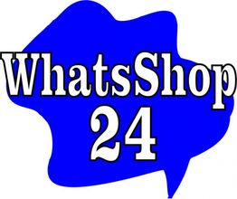 Blaues Sprechblasen-Logo mit dem Text "WhatsShop 24" in Weiß.