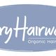 Blauw logo met witte tekst: "Mary Hairworks Organic Hairsalon".