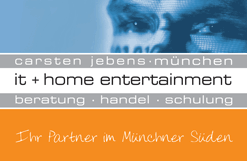 Geschäftskarte mit Text: "it + home entertainment, Beratung, Handel, Schulung, München Süden".