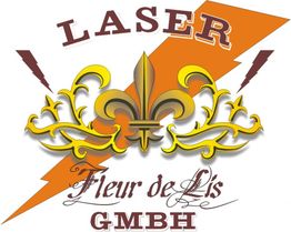 Logo mit Schriftzug "Laser Fleur de Lis GmbH", Lilie vor orangefarbenem Blitz.
