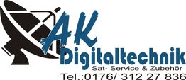 Satellitenschüssel-Logo mit "AK Digitaltechnik" und Kontaktinfos.