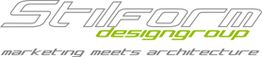 Logo mit Text: "Stilform designgroup, marketing meets architecture", grün und grau gestaltet.