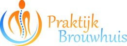Logo van Praktijk Brouwhuis met gestileerde ruggengraat in blauw en oranje figuur.