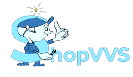 Tegnet figur og logo med teksten "ShopVVS. Billig VVS til engros priser".