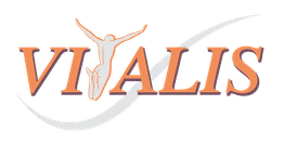 Logo mit Schriftzug "VITALIS" und stilisierter Figur in Sprunghaltung, Hintergrund mit Schwunglinie.
