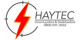 Logotipo da Haytec com raio e texto: Desentupidora & Dedetizadora, 0800.591.3032.