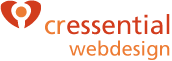 Logo von Cressential Webdesign mit rotem Symbol links und orangener Schrift rechts.