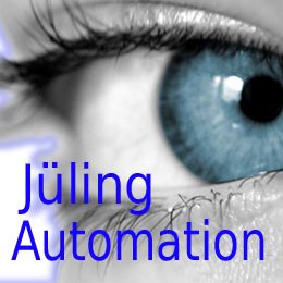 Nahaufnahme eines blauen Auges mit blauem Text "Jüling Automation" darüber.