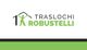 Logo di Traslochi Robustelli con figura stilizzata che regge un tetto. Scritte nere e verdi.