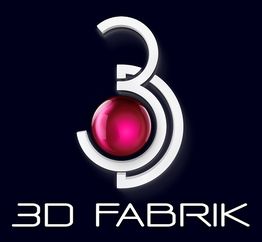 Logo von "3D FABRIK", mit stilisierter 3 und rotem Ball auf dunklem Hintergrund.