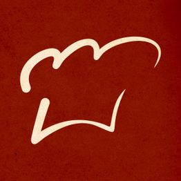 Desenho de chapéu de chef em fundo vermelho, linhas brancas e estilizadas.