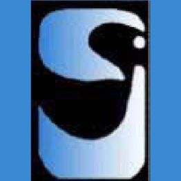 Logo abstracto con formas azules y negras sobre fondo azul.