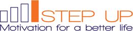 Logo mit den Worten „STEP UP, Motivation for a better life“ in Blau und Orange.