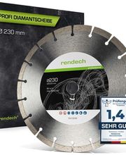 Profi-Diamantscheibe Ø230 mm von rendech mit Verpackung und Bewertungssiegel "1,4 SEHR GUT".