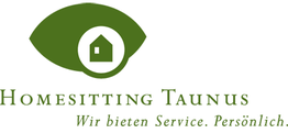 Logo von "Homesitting Taunus" mit grünem Auge und Haus. Text: "Wir bieten Service. Persönlich."