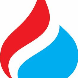 Logotipo com chama tricolor em formatos vermelho, branco e azul, formando uma gota.