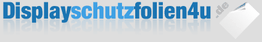 Logo: "Displayschutzfolien4u.de" in Blau mit einem weißen Schutzfolien-Icon rechts.