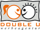 Logo der Double U Werbeagentur mit stilisierten Gesichtern in Orange und Schwarz.