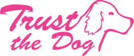 Rosa Schriftzug "Trust the Dog" mit Hundekontur auf weißem Hintergrund.