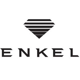 Logotipo Enkel com design geométrico de diamante listrado acima do nome em preto.