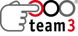 Logo mit Hand, drei Kreisen, Schriftzug "team 3", zweiter Kreis rot hervorgehoben.