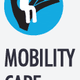 Logo con mano nera che sorregge figura bianca su sfondo blu. Testo: "Mobility Care".
