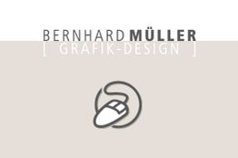 Grafik mit Text "Bernhard Müller Grafik-Design" und Symbol einer Computermaus.