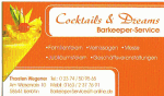 Visitenkarte von "Cocktails & Dreams" Barkeeper-Service mit Cocktailbild und Kontaktdaten.
